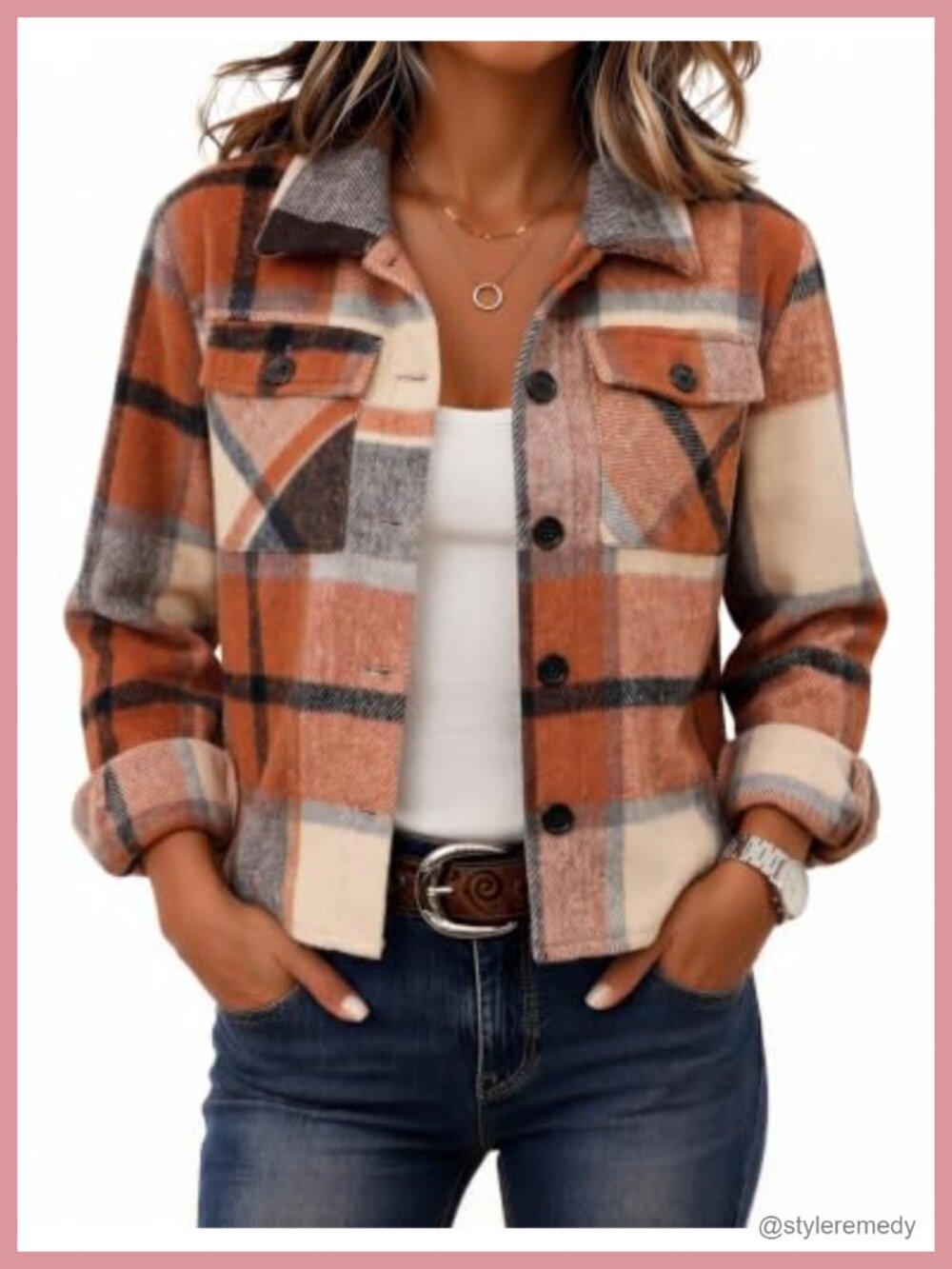 Cropped Plaid Flannel Shacket Button Front Chest Pockets Casual Fall Jacket